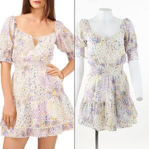 1.STATE Floral Print Puff Sleeve Cotton Minidress in White/Multi